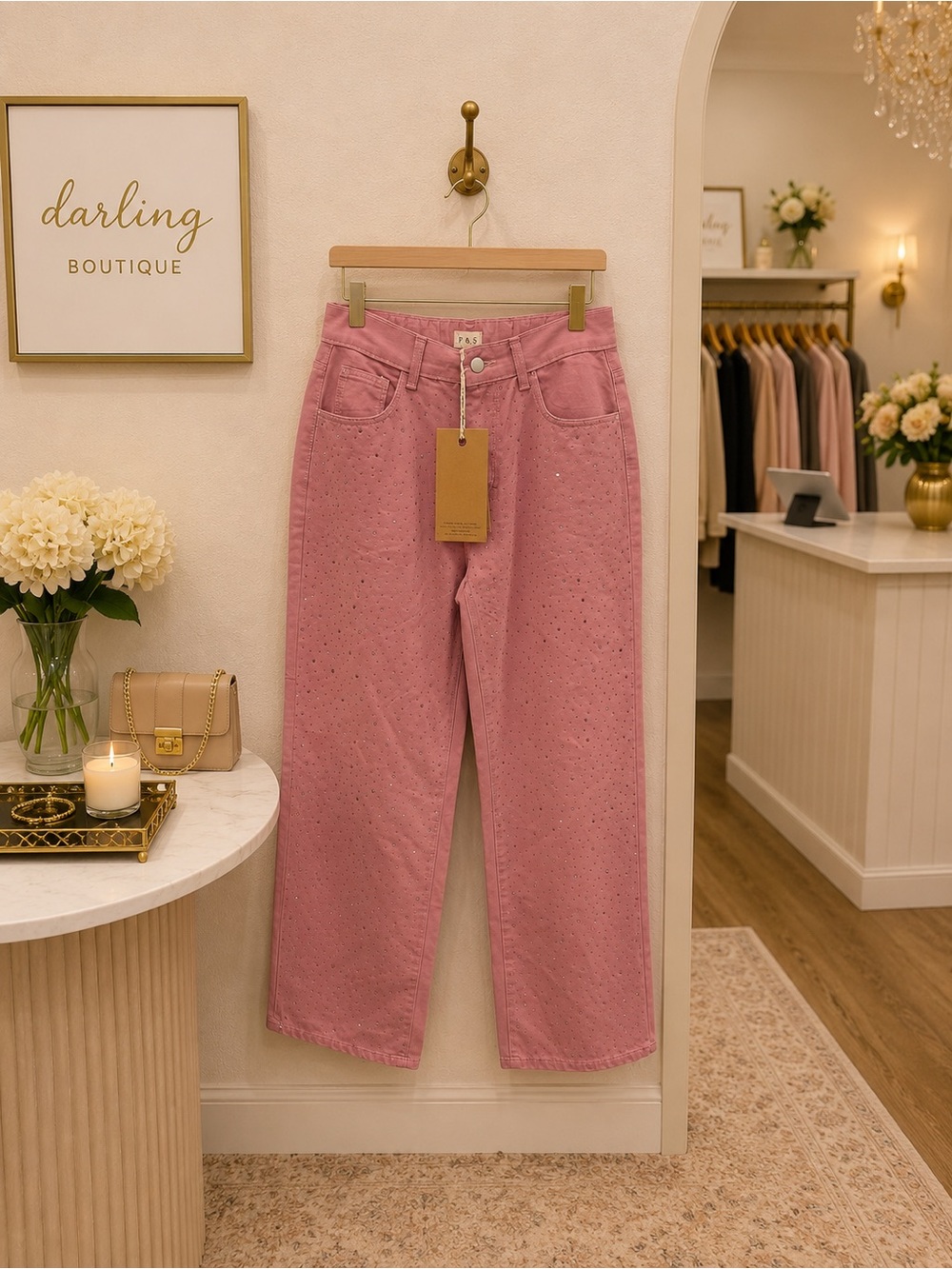 POL Pink Rhinestone Wide Leg Jeans Size Small NWT High Rise
